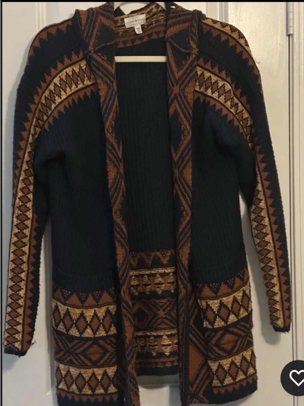 Lucky Brand Navy and Brown Hooded Patterned Cardigan